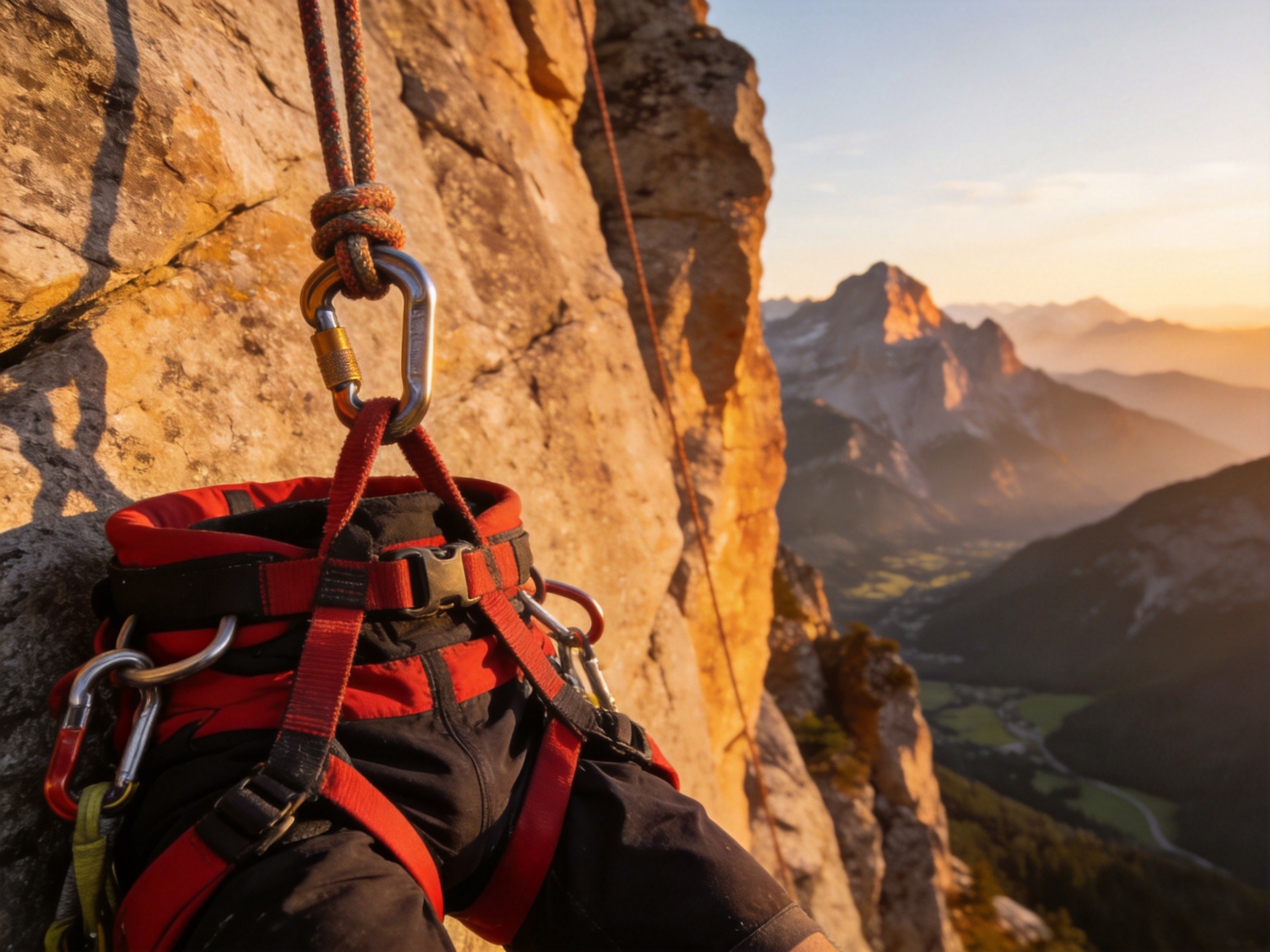 Rock climber wearing a climbing harness on a granite cliff