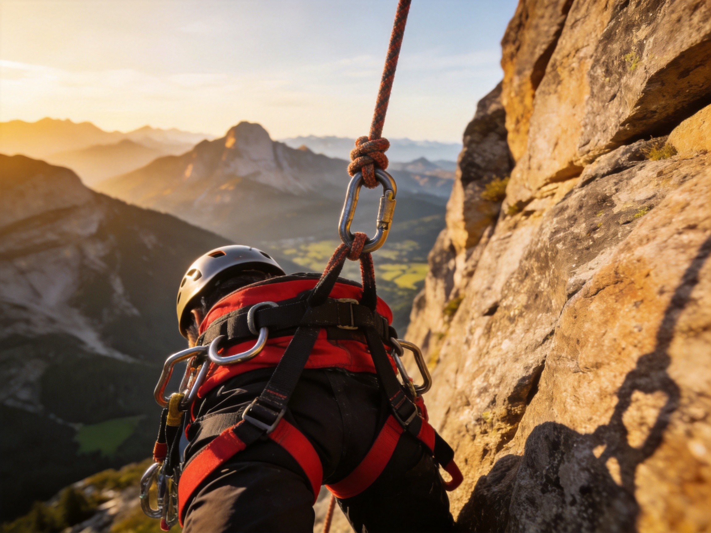 Professional climbing gear display with harnesses