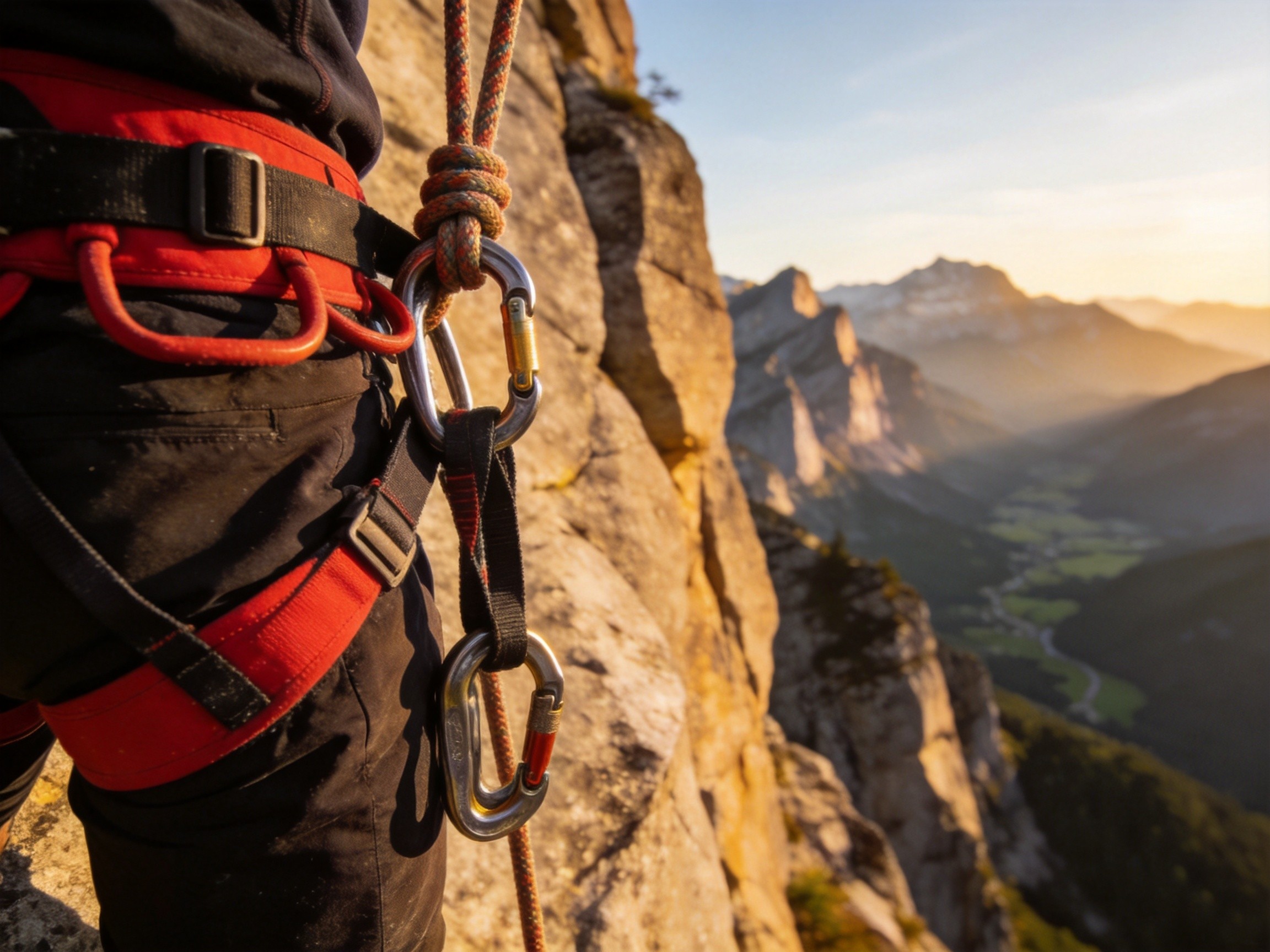 Climber with climbing harness equipment outdoors