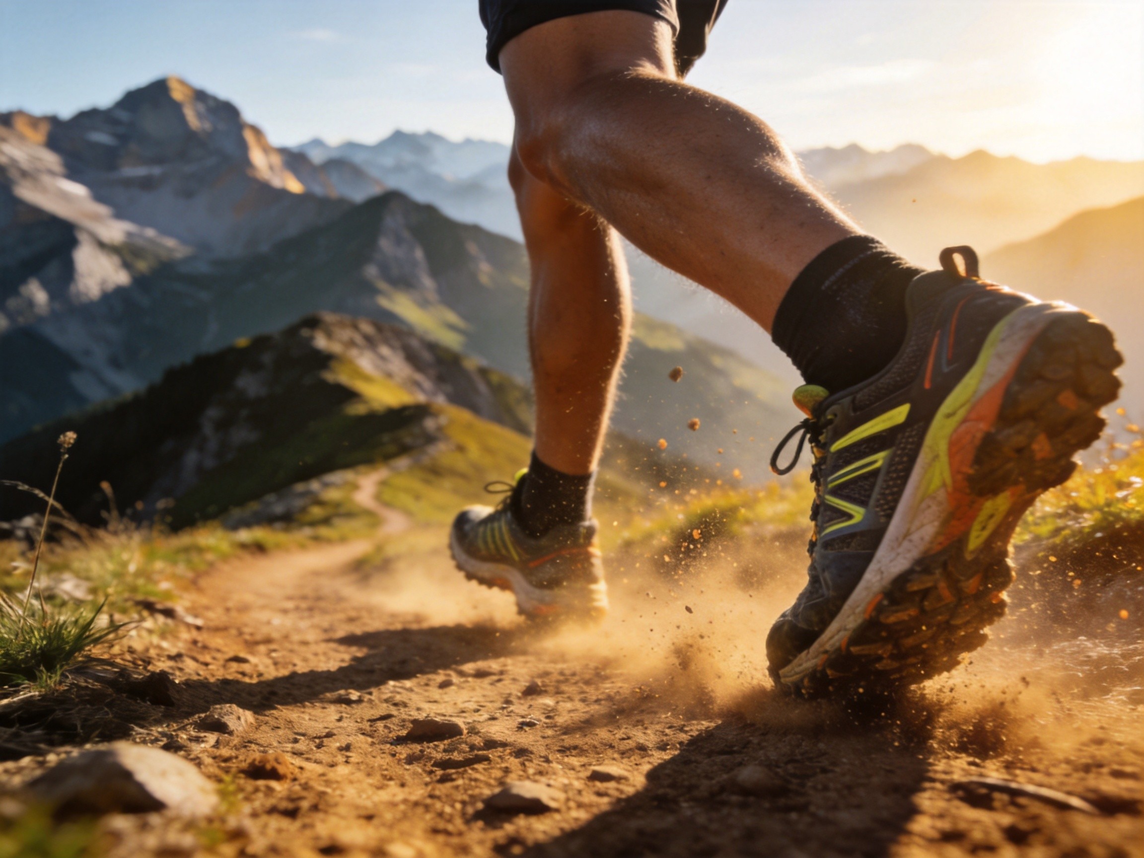 Trail running on mountain trail with scenic mountain backdrop