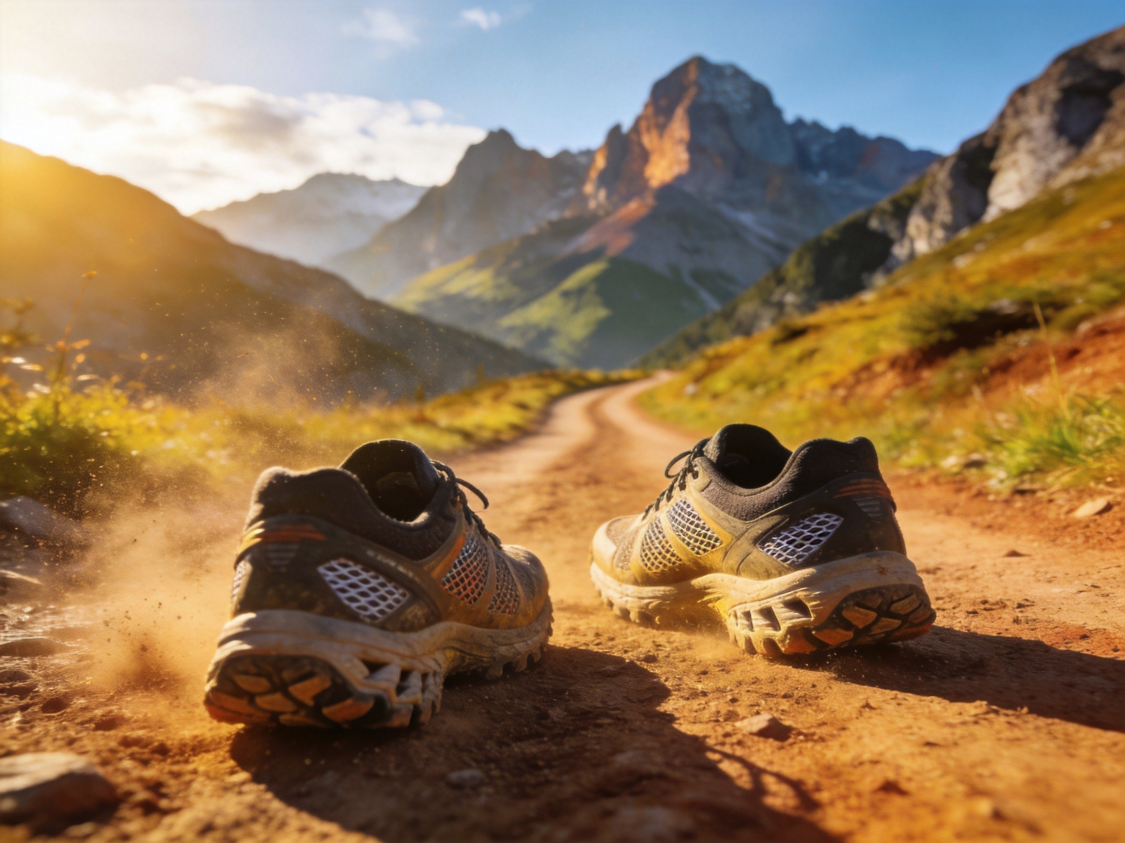 Trail running at sunrise with beautiful landscape